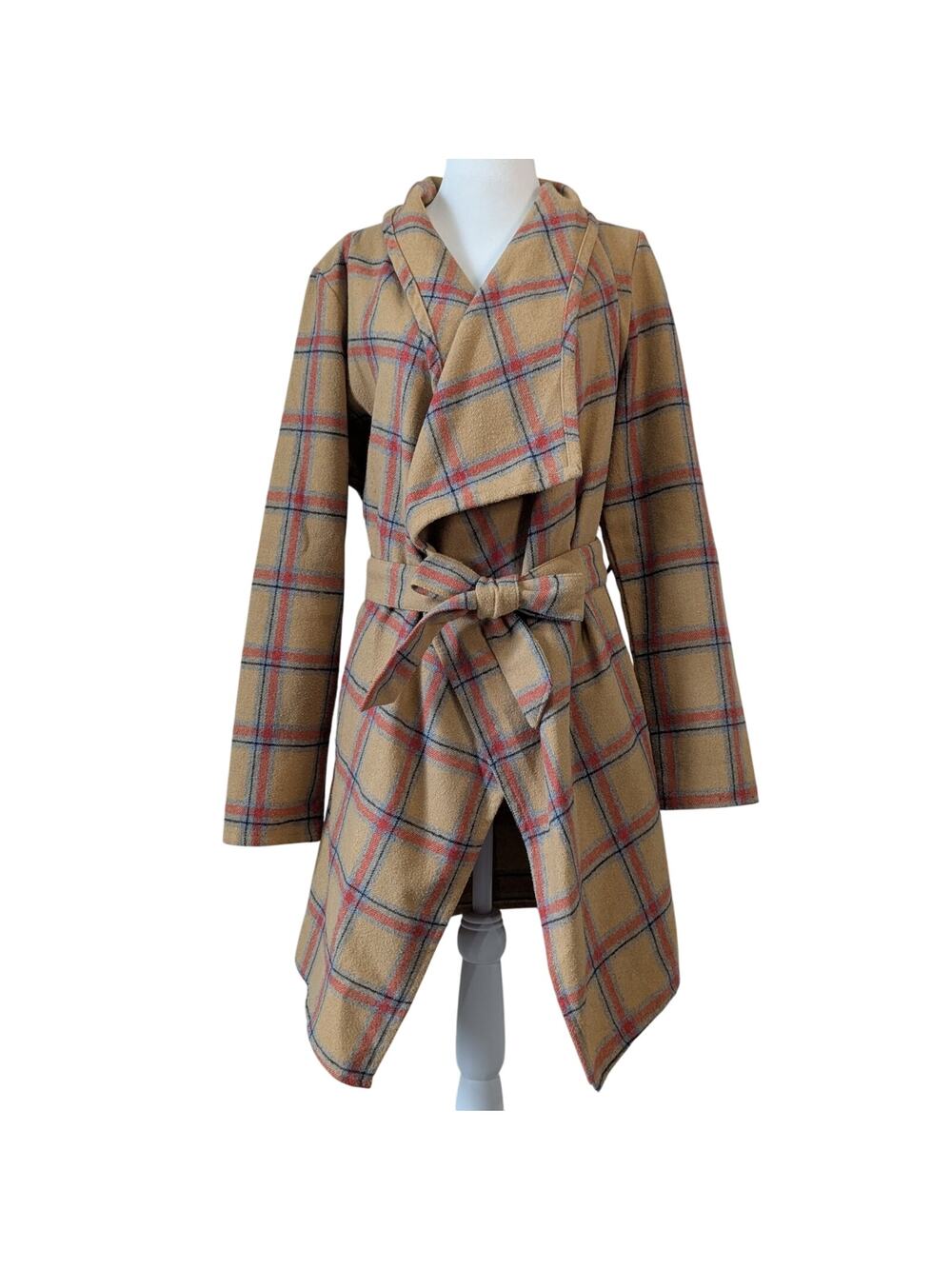 36 Point 5 Plaid Mustard Tan Lightweight Unlined Asymmetrical Coat Size Medium